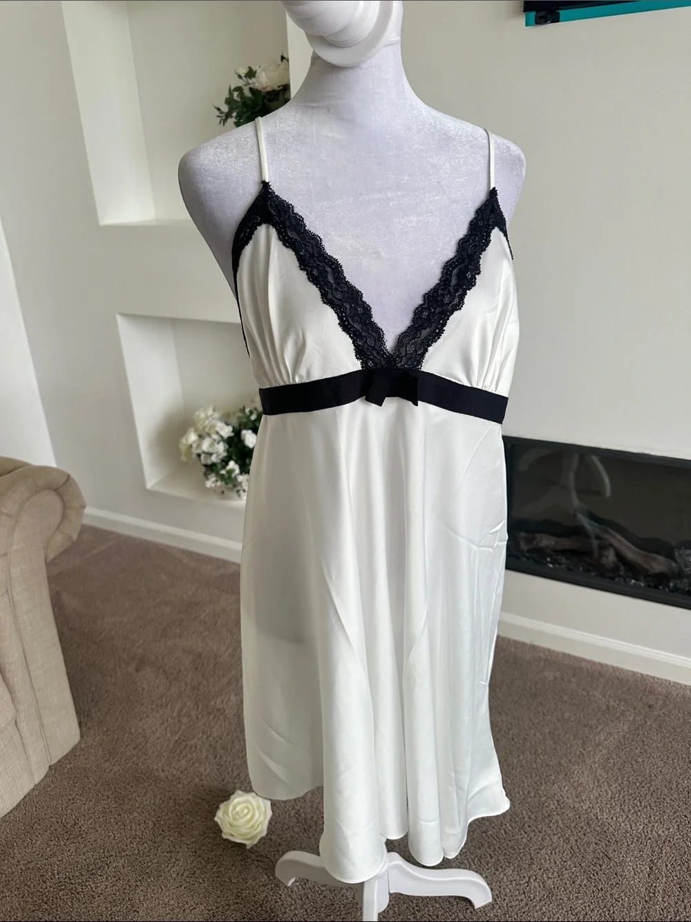 kate spade White Satin Slip with Black Lace Trim